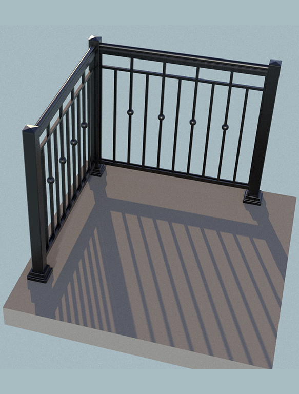 : AG-3-2 aluminum deck railing with a black powder-coated finish and decorative balusters for a modern and stylish outdoor design.