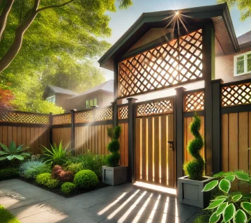 Modern Toronto backyard with a wooden fence featuring a decorative lattice topper, surrounded by greenery and sunlight streaming through the lattice.