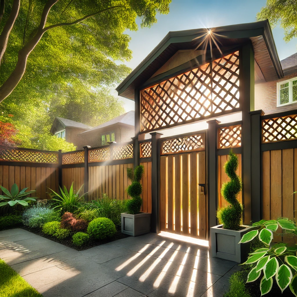 Modern Toronto backyard with a wooden fence featuring a decorative lattice topper, surrounded by greenery and sunlight streaming through the lattice.