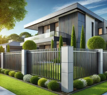 A sleek aluminum fence with vertical panels and a matte black finish, enclosing a modern residential backyard with lush greenery.