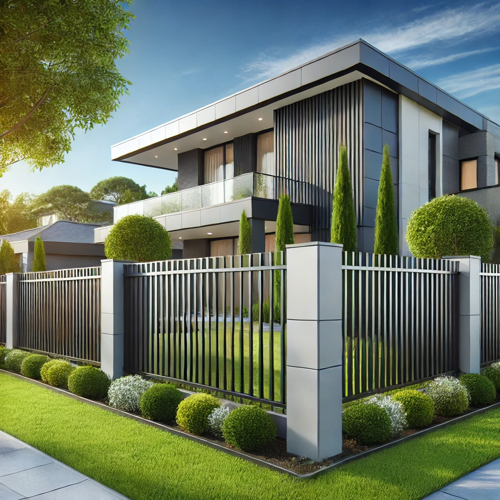 A sleek aluminum fence with vertical panels and a matte black finish, enclosing a modern residential backyard with lush greenery.