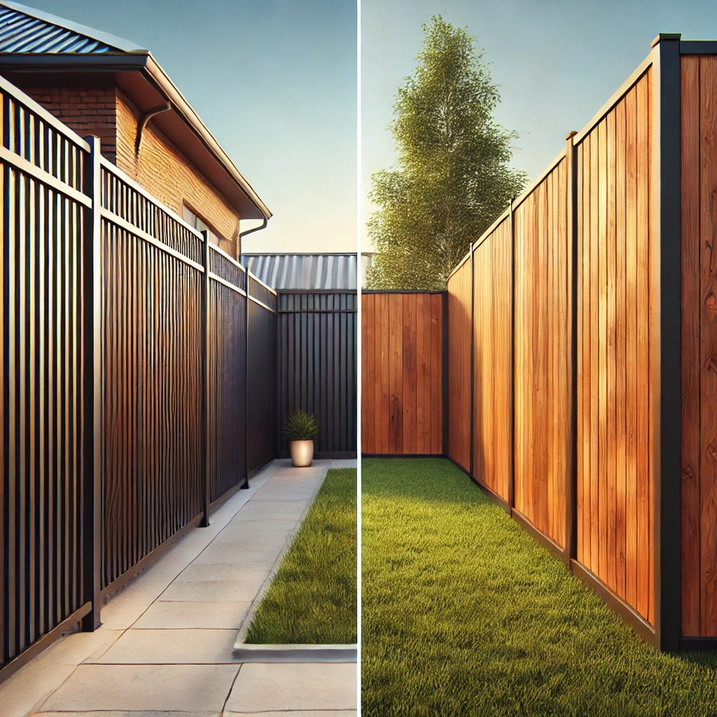 "A side-by-side comparison of aluminum and wooden fences, featuring sleek black aluminum panels and warm natural wooden fencing, set in a grassy backyard.