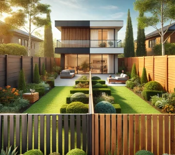 Modern house surrounded by aluminum and wood fences in a landscaped garden, showcasing sleek black aluminum panels and warm natural wooden fencing with vibrant greenery and a clear blue sky