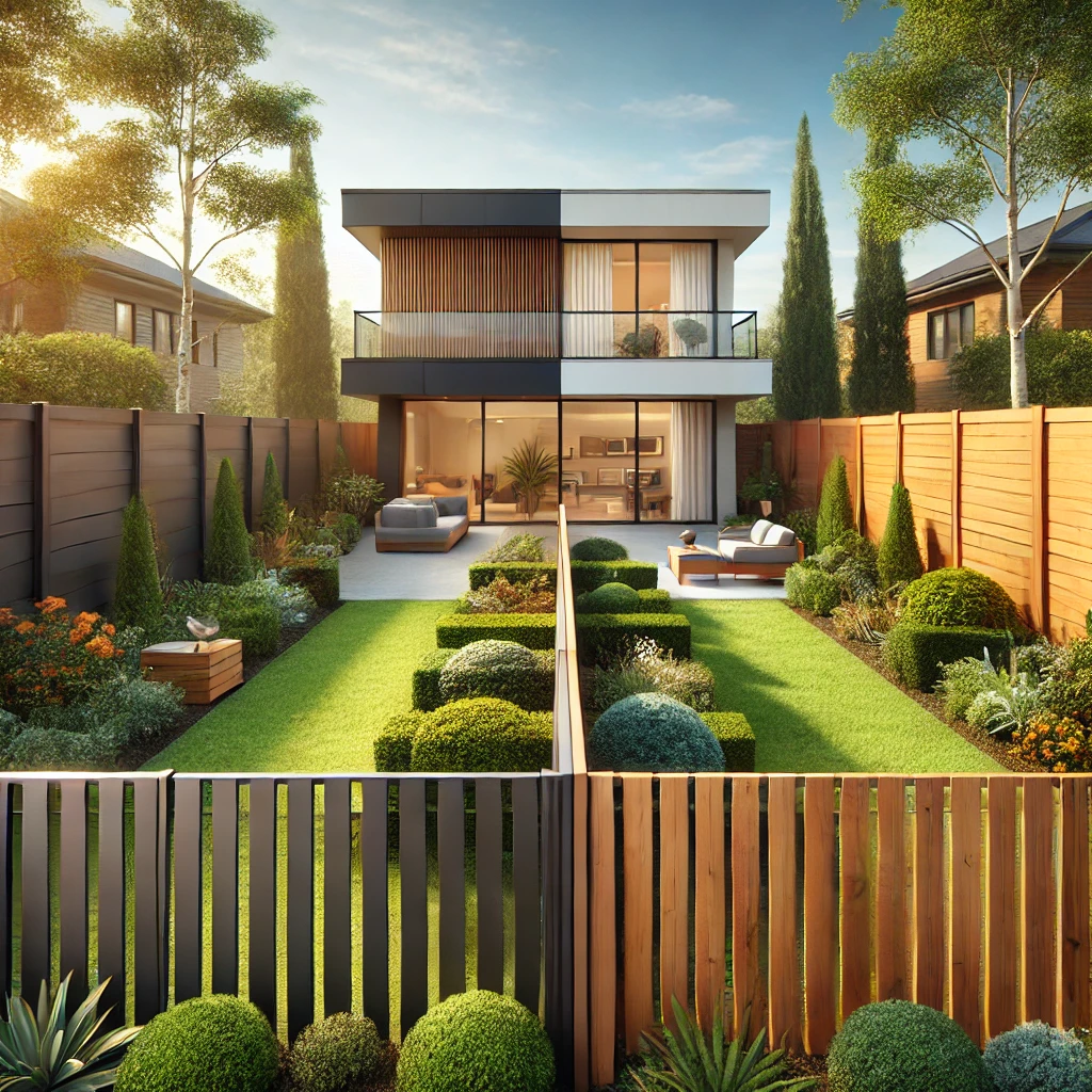 Modern house surrounded by aluminum and wood fences in a landscaped garden, showcasing sleek black aluminum panels and warm natural wooden fencing with vibrant greenery and a clear blue sky