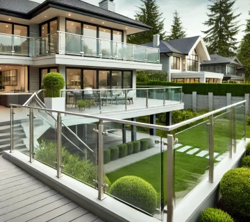 A modern outdoor deck with aluminum and glass railings, featuring clear tempered glass panels and aluminum frames, overlooking a scenic backyard with greenery.