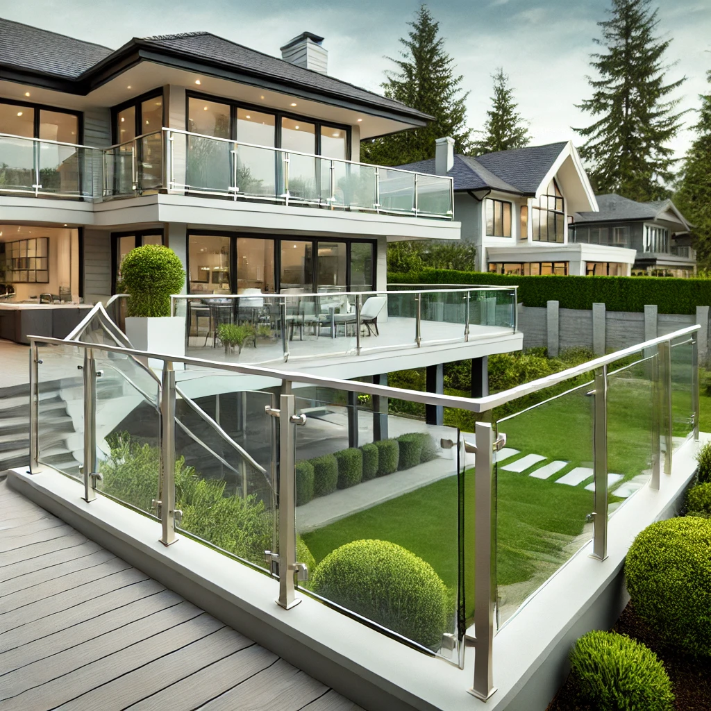 A modern outdoor deck with aluminum and glass railings, featuring clear tempered glass panels and aluminum frames, overlooking a scenic backyard with greenery.