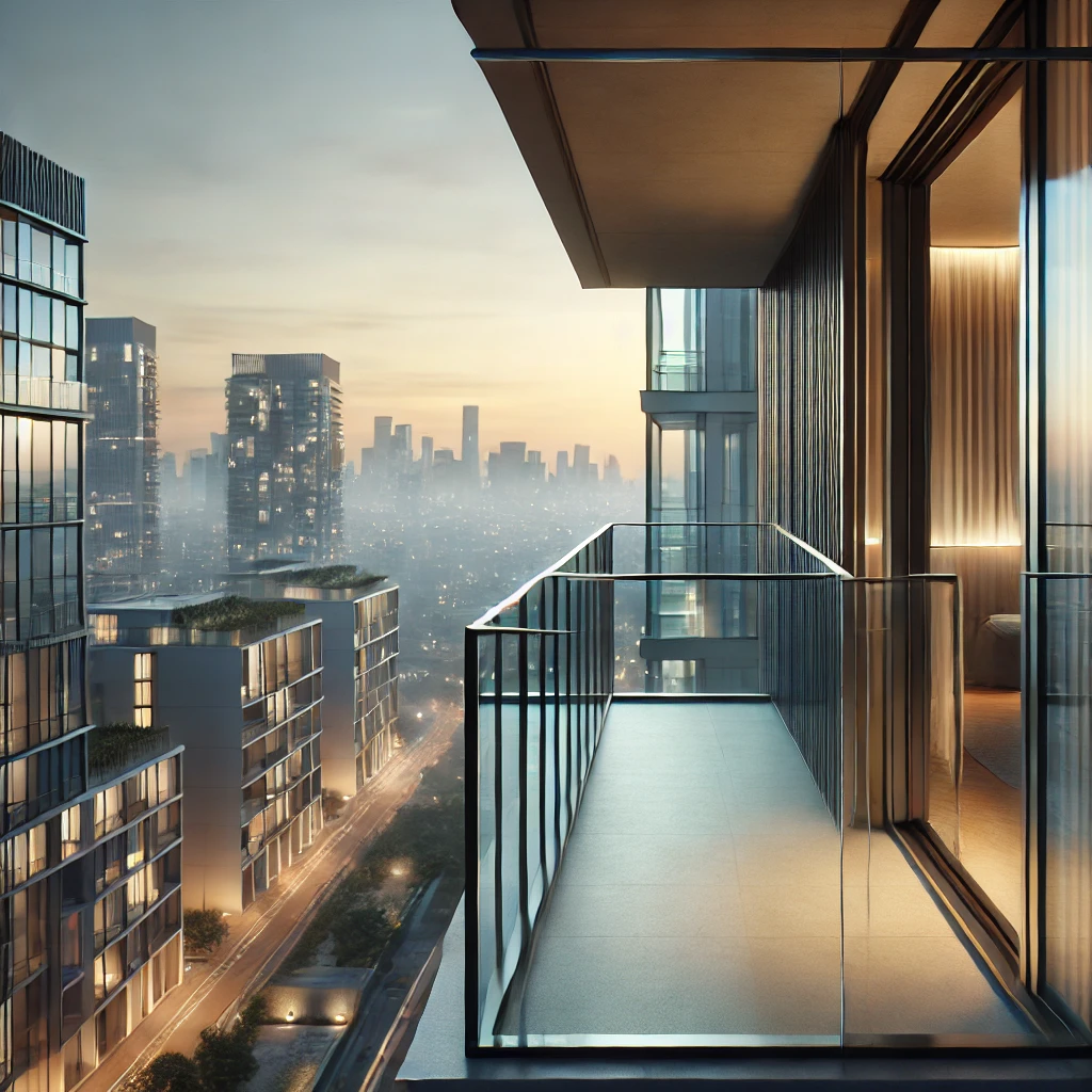  Modern high-rise balcony with a frameless glass handrail, offering an unobstructed view of the city skyline.