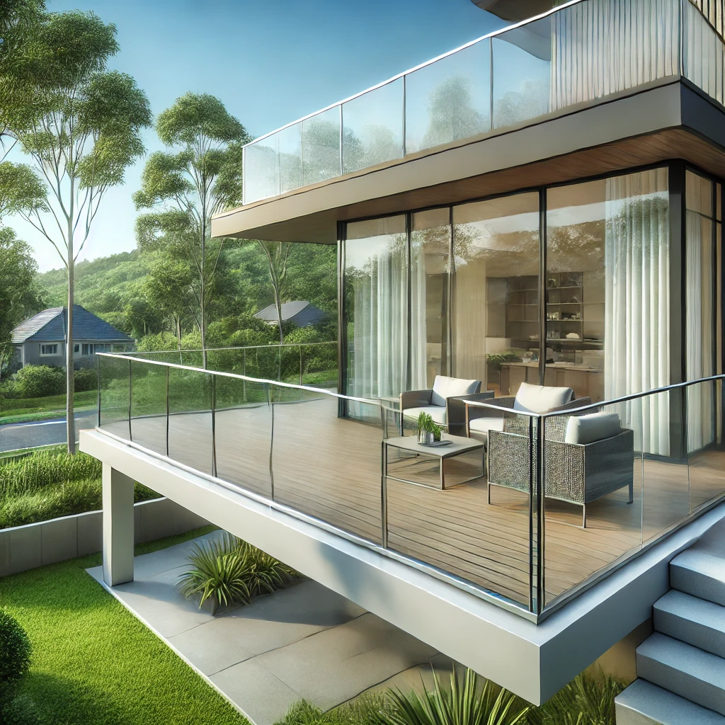  A spacious house balcony with a sturdy glass handrail, overlooking a green suburban landscape.