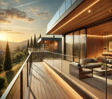 Luxurious glass handrail balcony with a frameless design, offering a scenic sunset view.