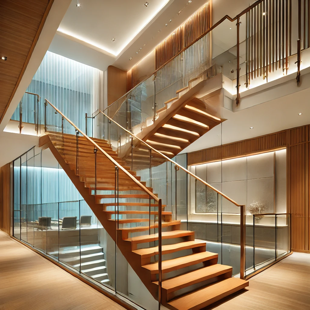 Modern indoor staircase with sleek glass and aluminum railings for enhanced safety and aesthetics.