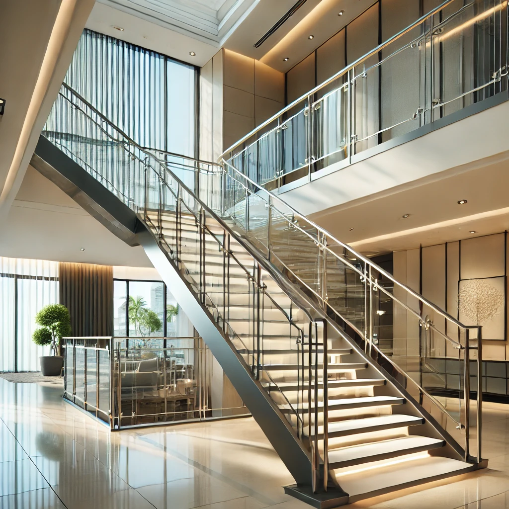 Contemporary staircase with wood and glass railings, combining safety and elegant design.