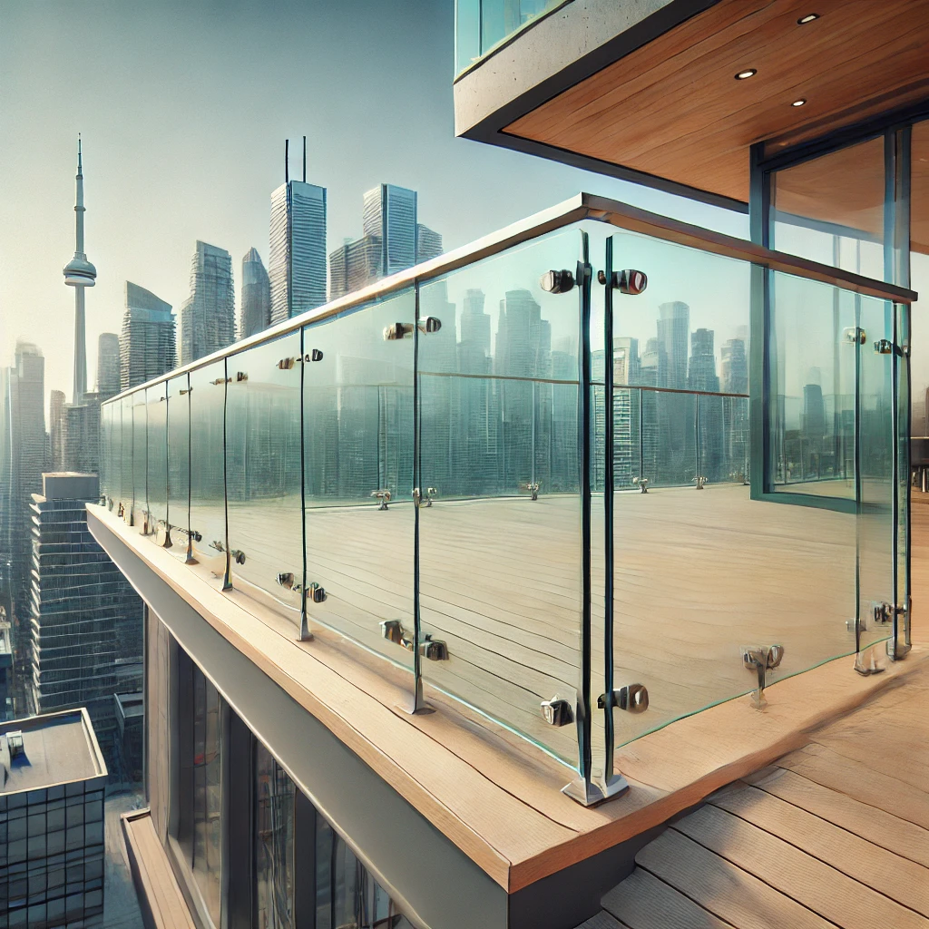 A sleek frameless glass railing installed on a stylish deck with a scenic view of the Toronto skyline. The railing features stainless steel hardware for durability.