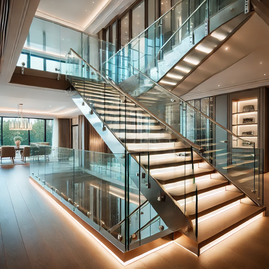 : A luxurious glass staircase railing with stainless steel handrails in a modern Toronto home. The staircase features wooden steps and LED lighting for a premium aesthetic.