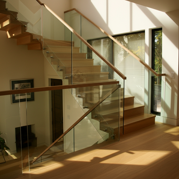 Modern staircase featuring Invisirail Glass Railing with wooden handrails and steps.