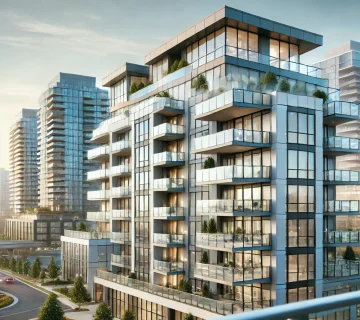 A modern residential building in Mississauga featuring aluminum and glass railings on balconies, showcasing high-quality manufacturing and compliance with building regulations.