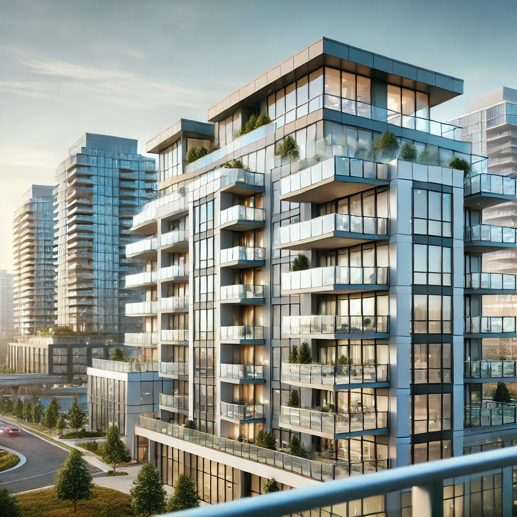 A modern residential building in Mississauga featuring aluminum and glass railings on balconies, showcasing high-quality manufacturing and compliance with building regulations.