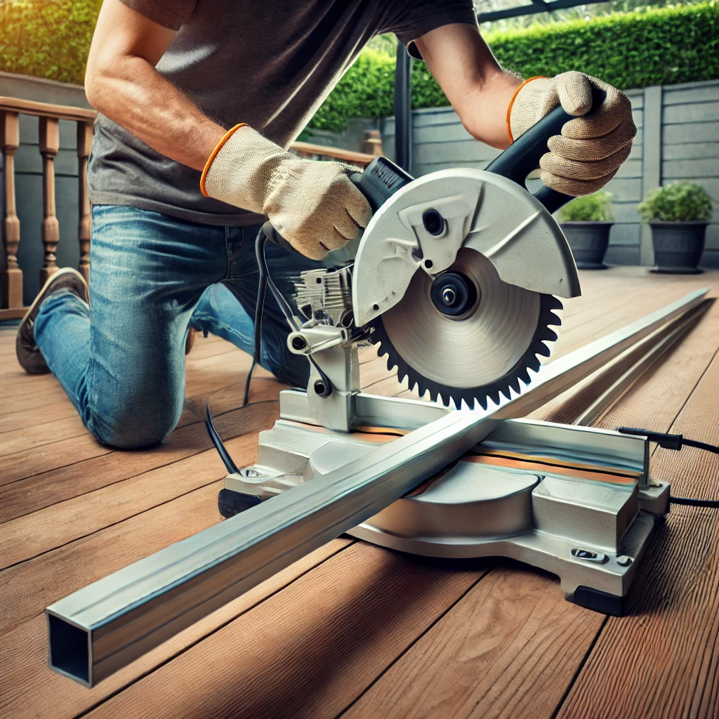 Close-up of measuring and marking aluminum railing for cutting in a professional workspace.