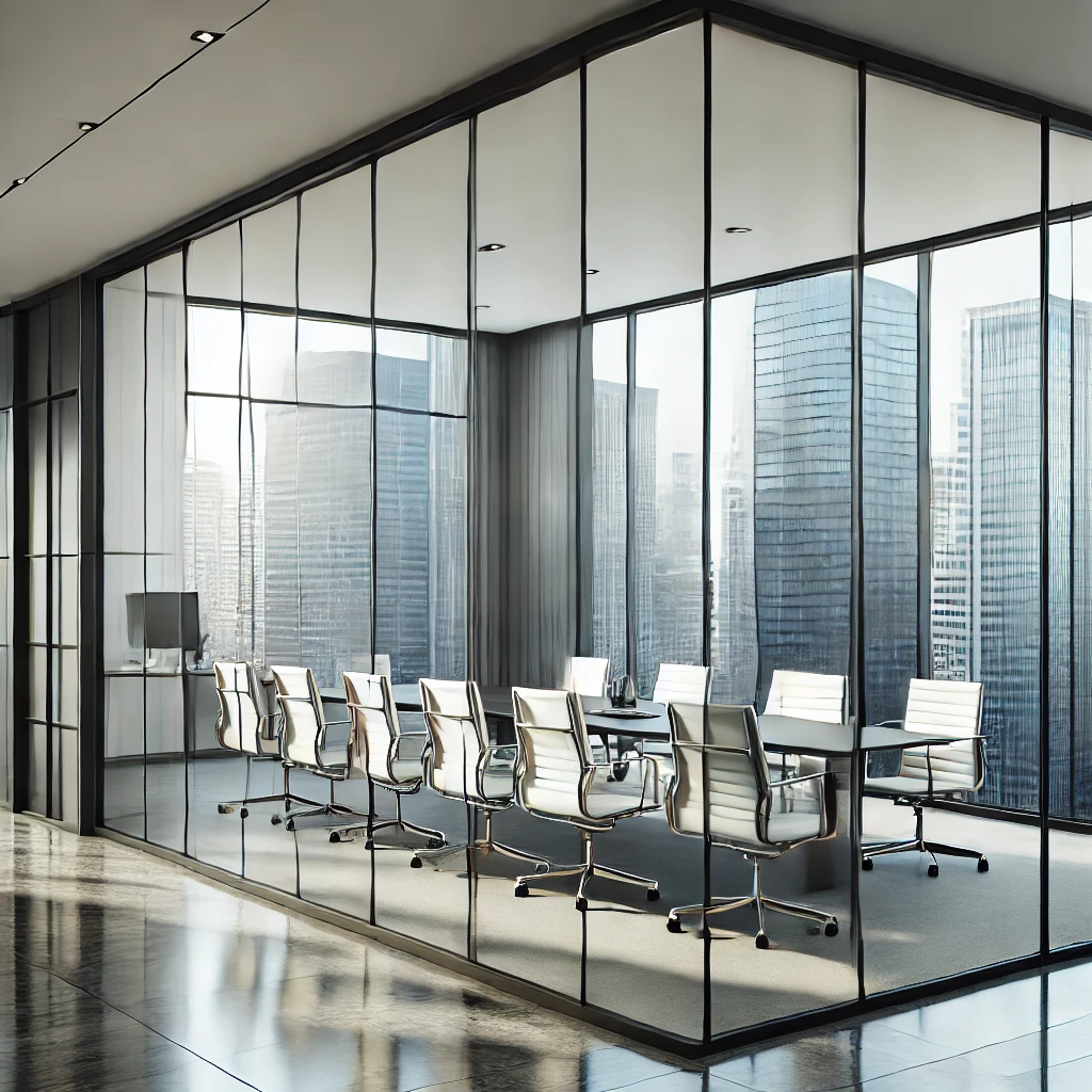 Modern office in Toronto featuring a floor-to-ceiling glass partition with sleek black aluminum frames. Designed for commercial spaces, this glass divider enhances natural light while maintaining an open yet private environment.