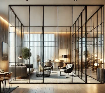 A modern lounge area featuring black aluminum-framed glass-room-dividers, highlighting a stylish way to separate commercial spaces; manufactured by Alumiguard MFG in the Greater Toronto Area.