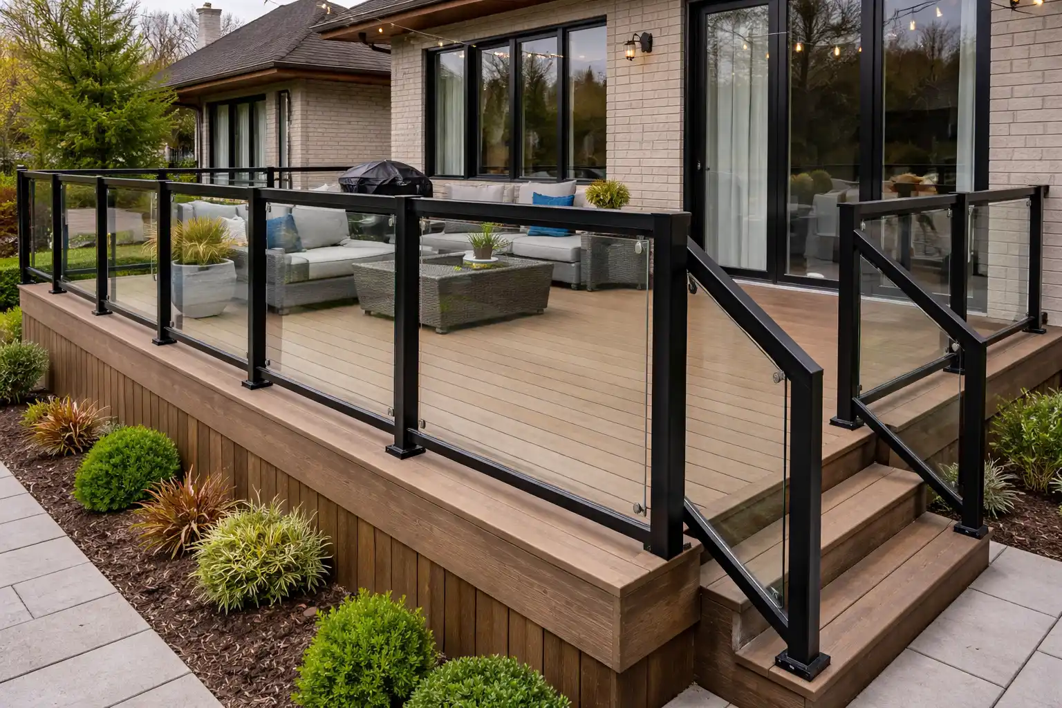 Professionally installed aluminum and glass deck railings for a GTA home