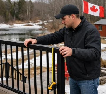 Deck railing inspection checklist on a raised backyard deck in Ontario