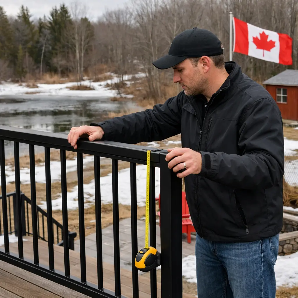 deck railing inspection checklist on a raised backyard deck in Ontario
