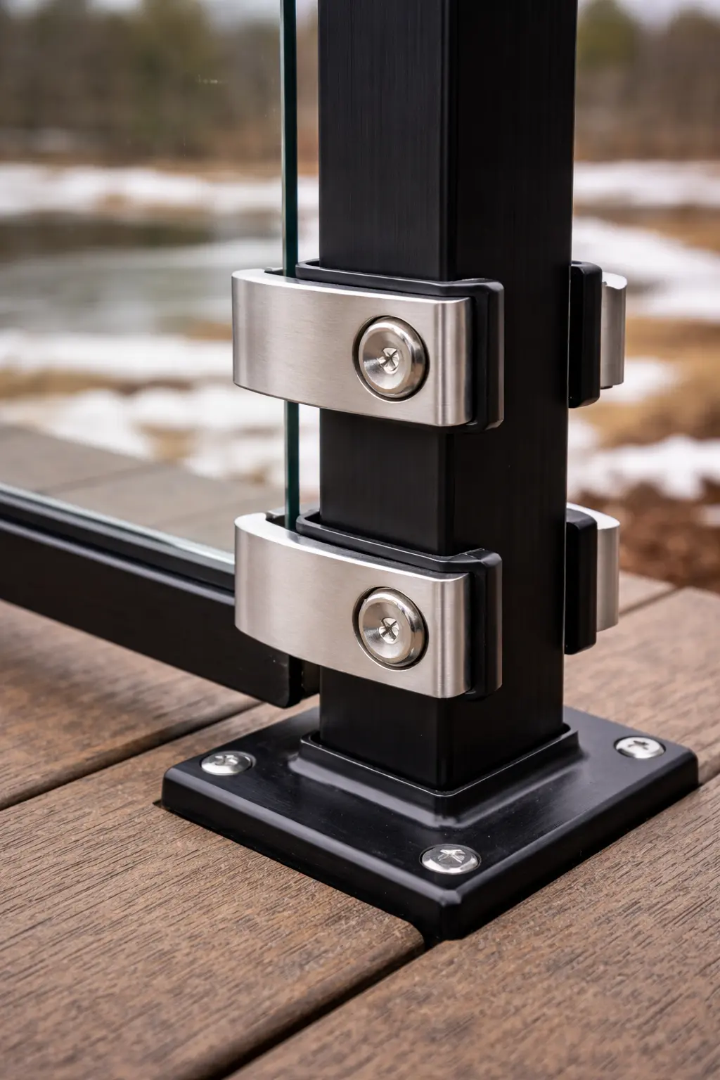 Inspecting glass railing hardware and fasteners on an outdoor deck