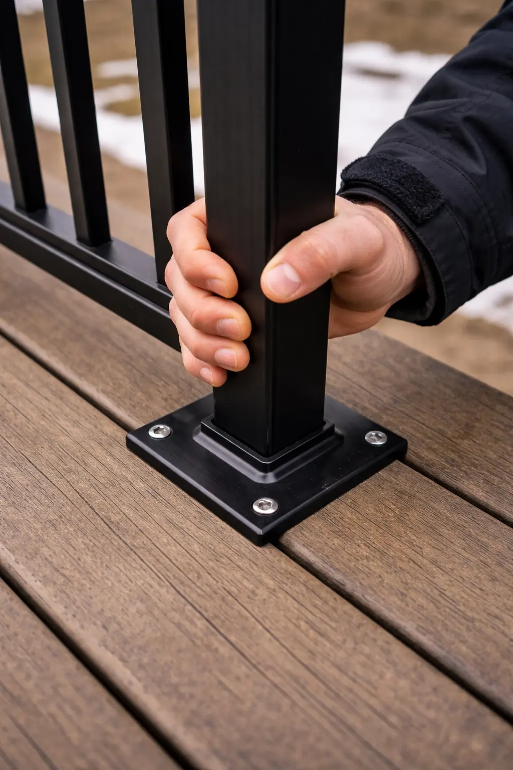 Checking a loose deck railing post during spring maintenance