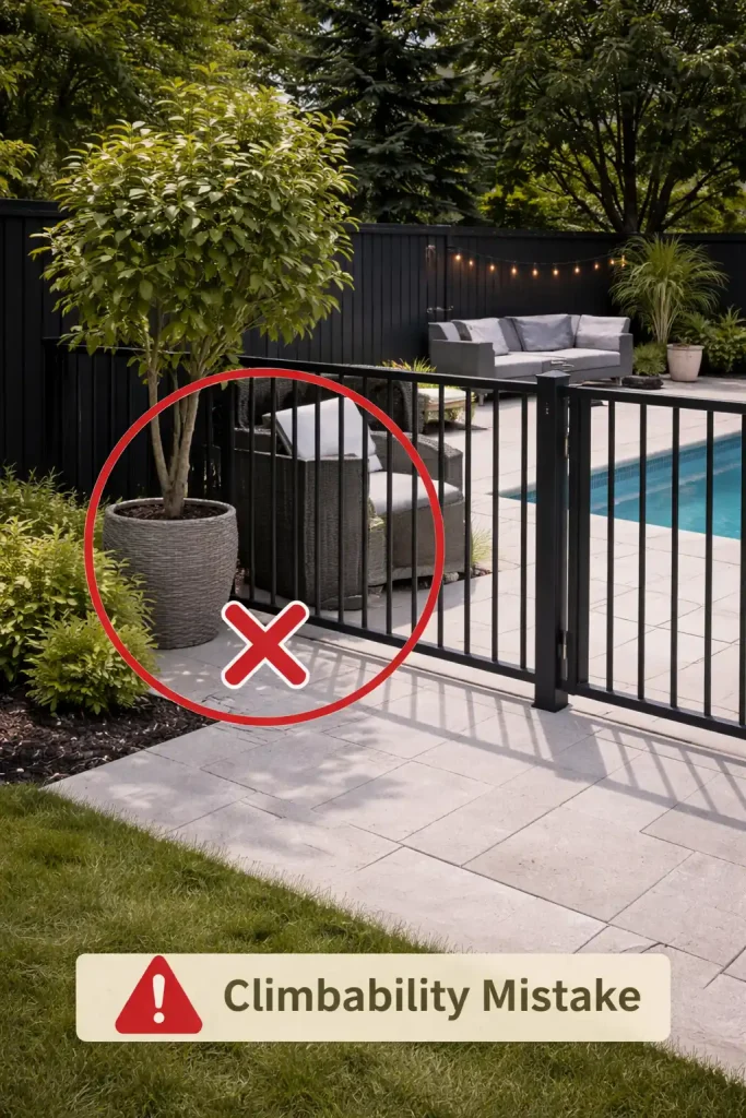 Common pool fence mistake with climbable objects placed too close