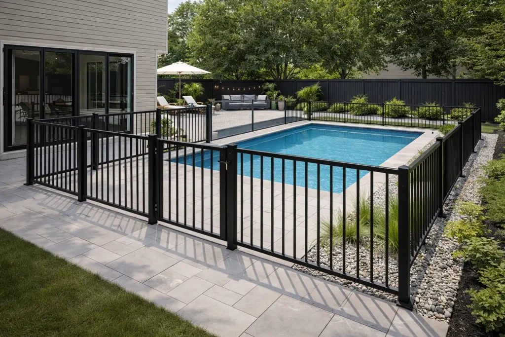 Four-sided pool enclosure layout for a Toronto backyard