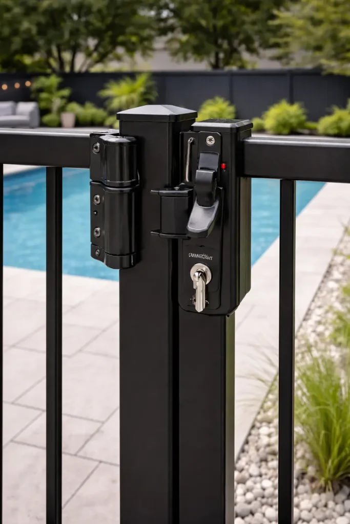Self-closing and self-latching pool gate hardware