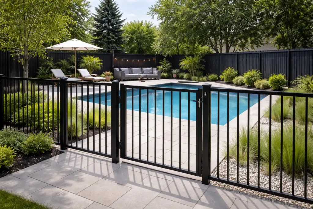 Toronto pool fence requirements shown with a black aluminum pool fence and self-closing gate