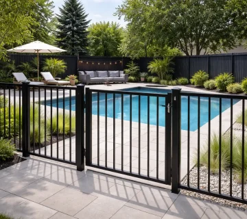 Toronto pool fence requirements shown with a black aluminum pool fence and self closing gate