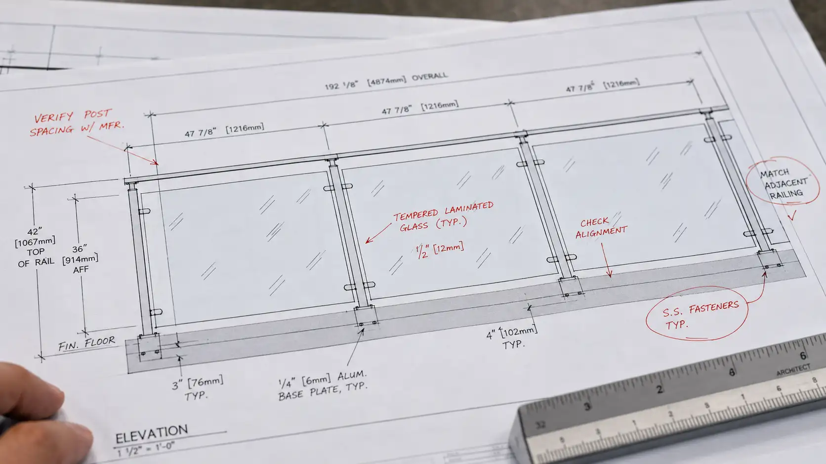 Marked railing layout with post spacing heights and mounting details