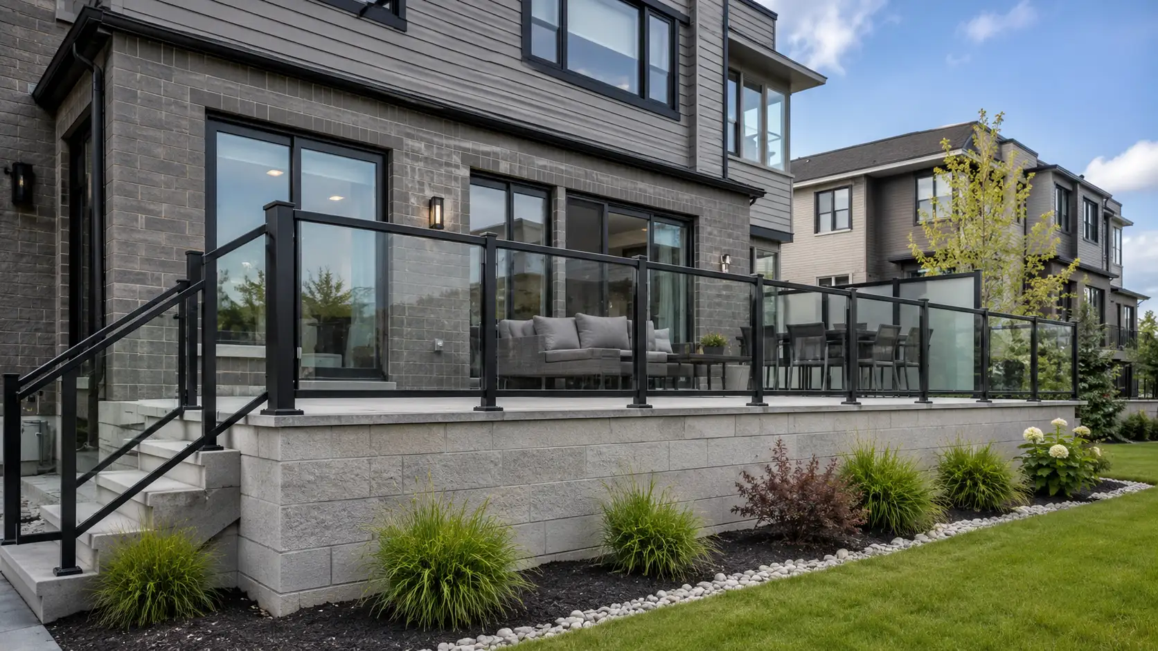 Completed aluminum and glass railing project with professional planning support