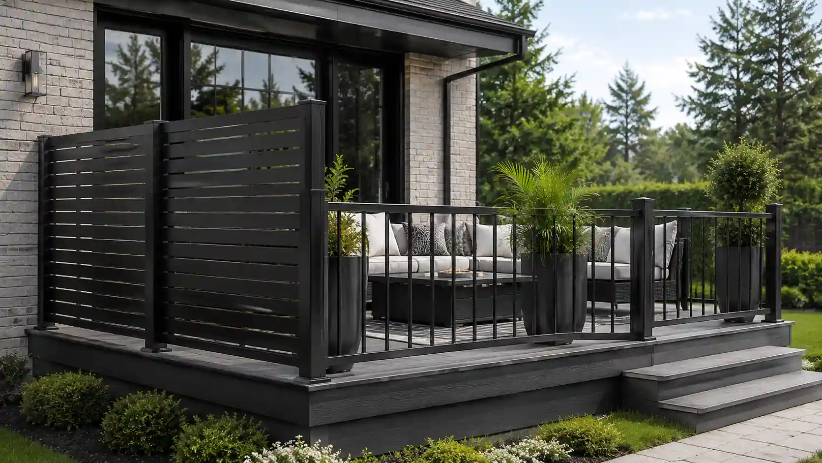 Aluminum privacy panels connected to a deck railing system