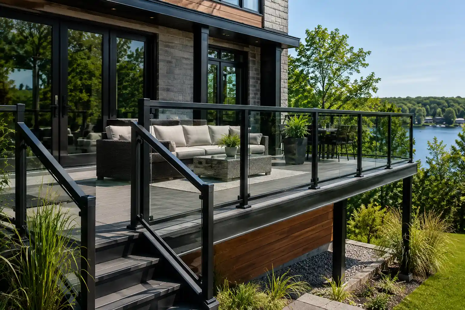 completed aluminum and glass railing system for a Canadian property