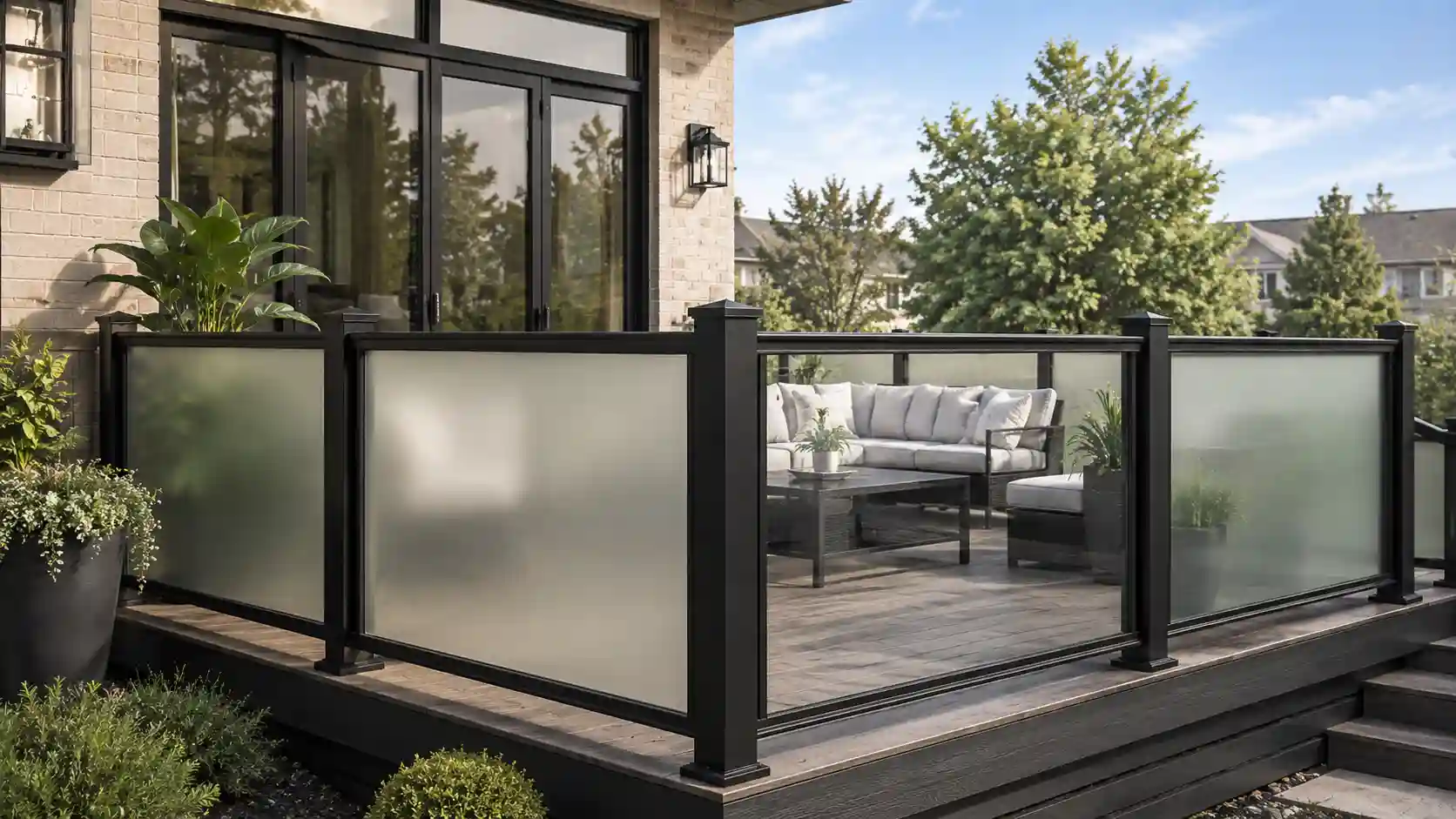Frosted glass privacy railing panels on a modern balcony