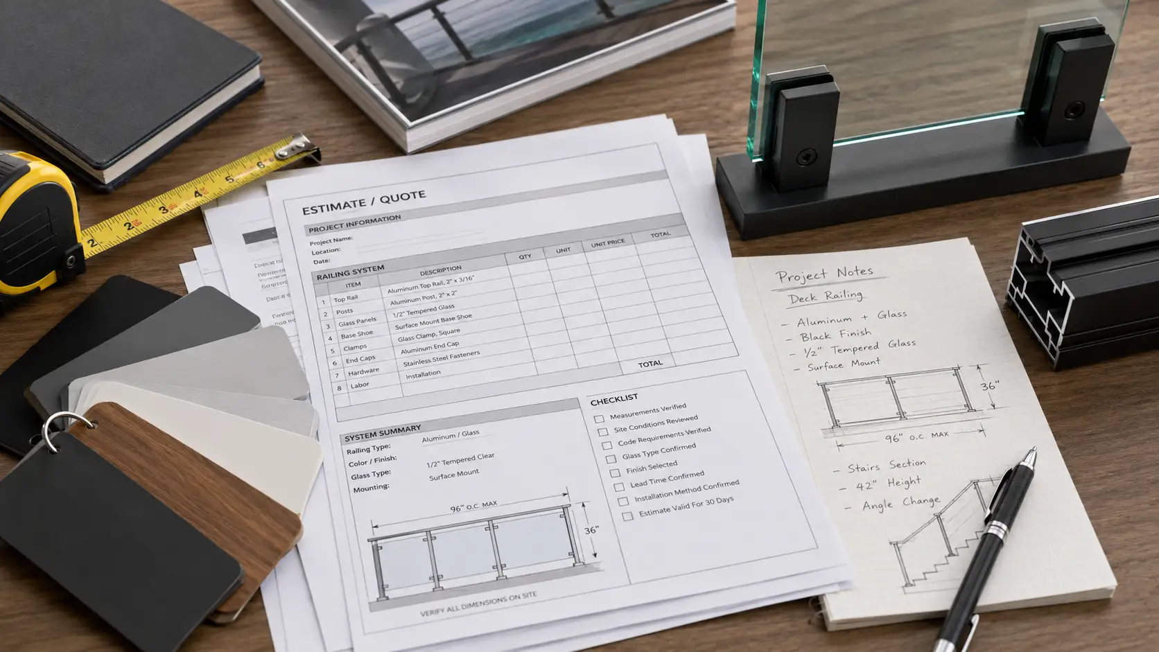 railing quote checklist with measurements and finish samples