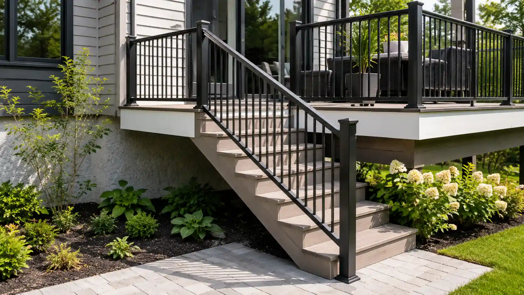 stair handrail and guard system on exterior steps