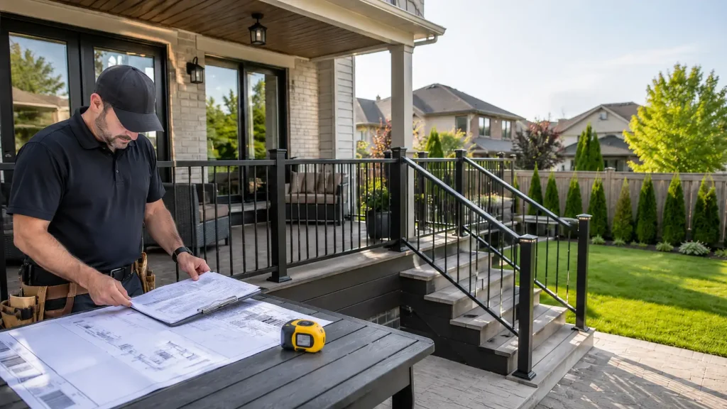 Deck railing planning checklist with measurements and railing details