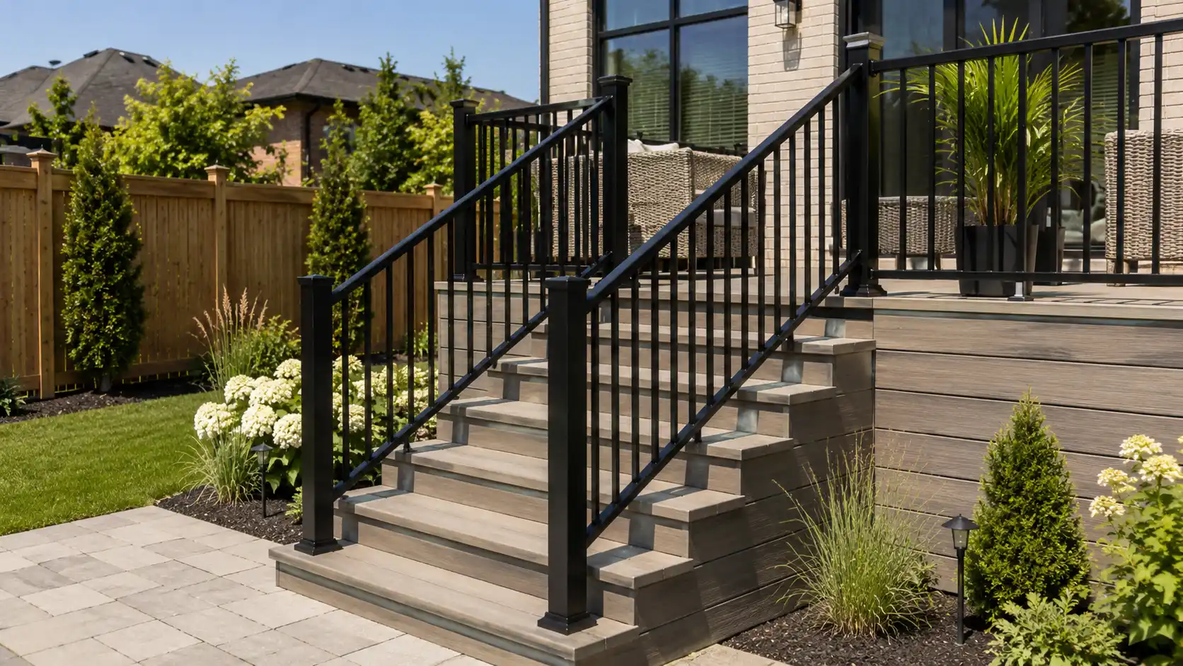 Exterior deck stairs with aluminum handrail in Ontario