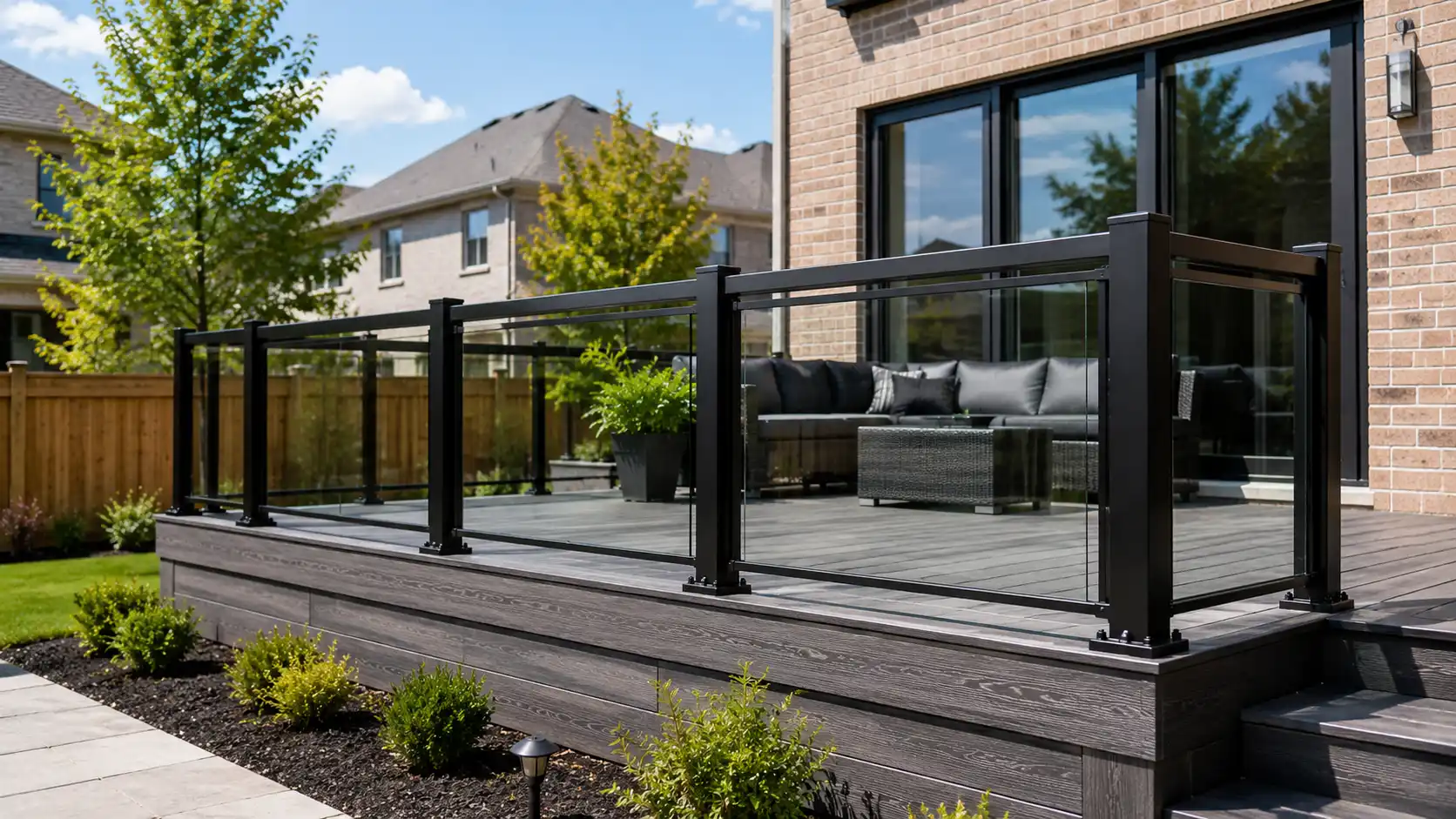 Finished aluminum and glass deck railing for a GTA home
