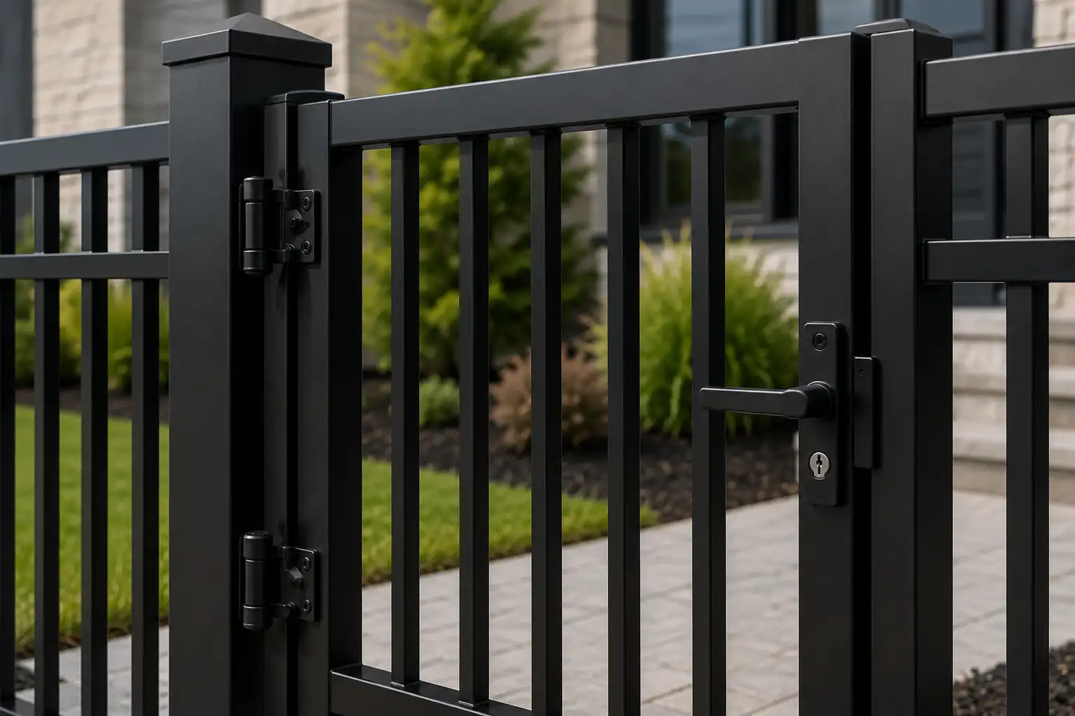Aluminum fence gate with reinforced frame, hinges, and latch hardware