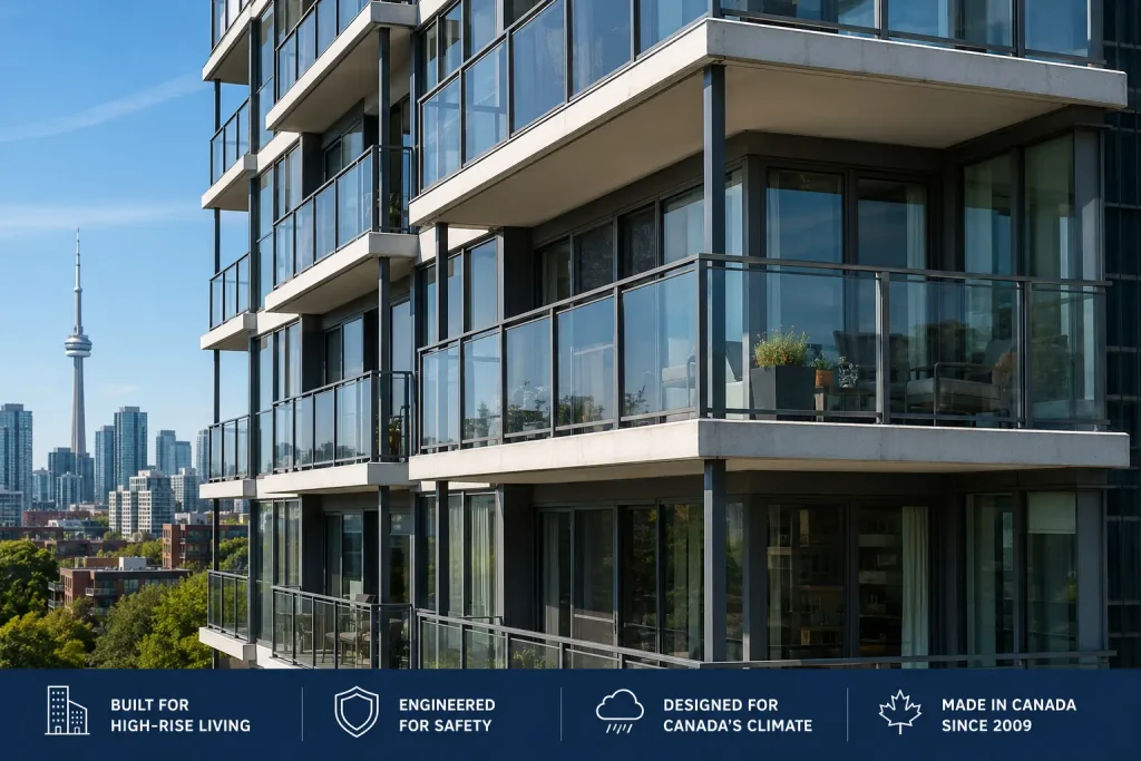 Condo balcony railing replacement on a Toronto high-rise with aluminum and glass guards