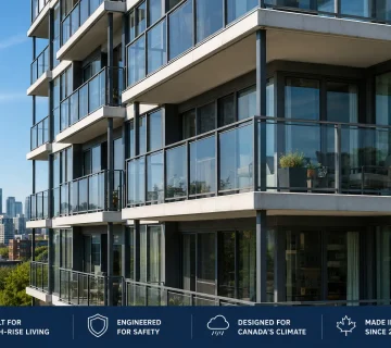 Condo balcony railing replacement on a Toronto high rise with aluminum and glass guards
