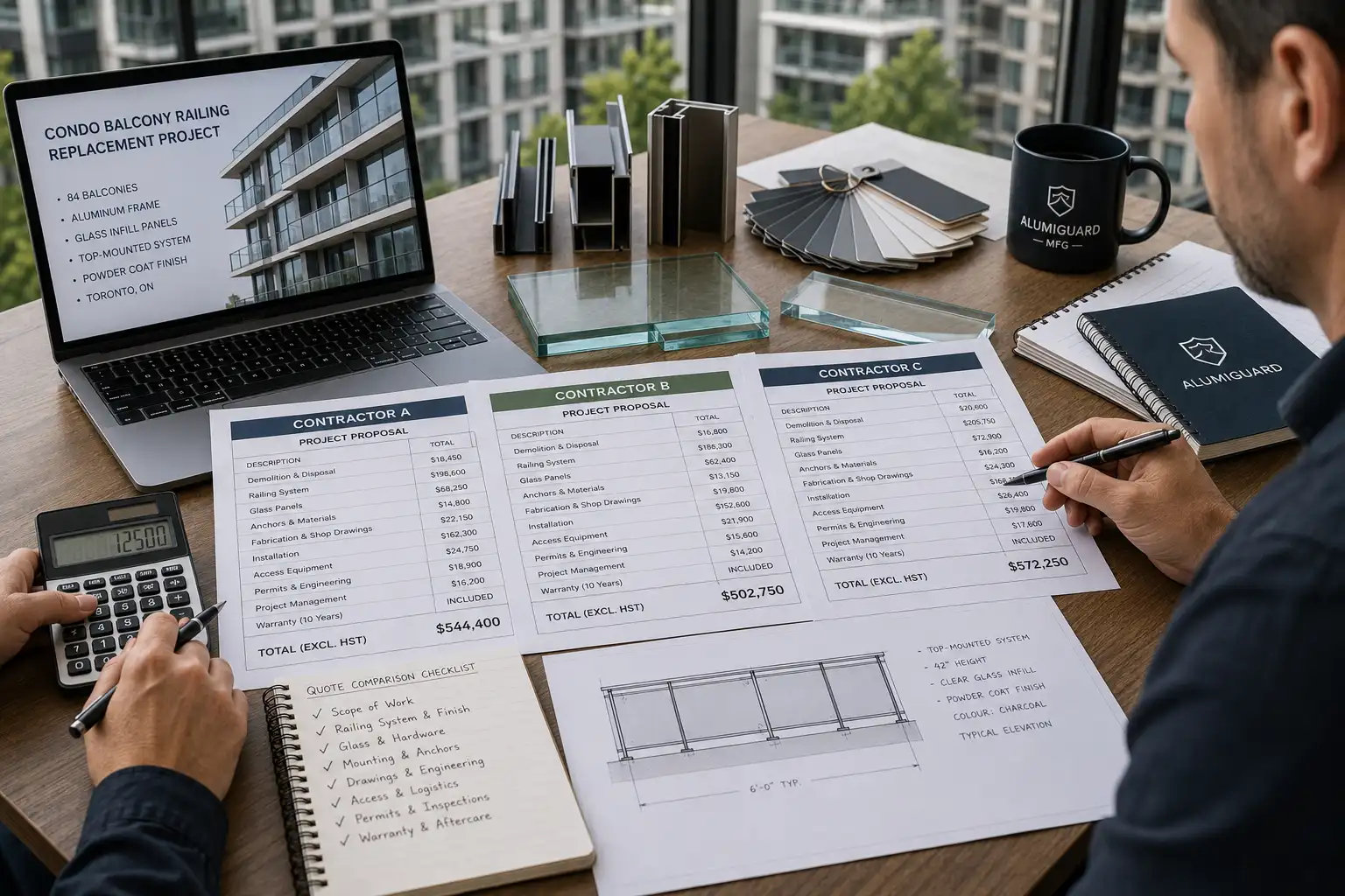 Comparing condo balcony railing project quotes and specifications