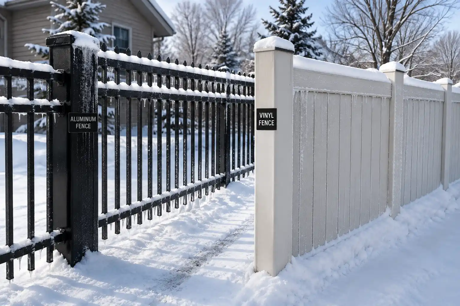 Aluminum and vinyl fencing exposed to Ontario winter conditions
