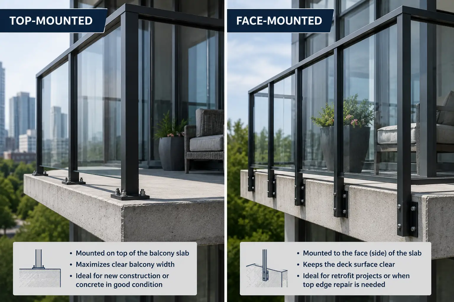 Top-mounted and face-mounted condo balcony railing attachment options