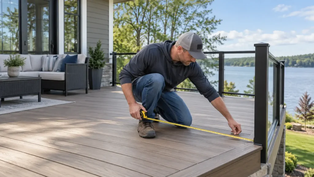 Deck railing measurements being checked before ordering an aluminum railing system